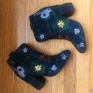 Embroidered floral indigo rd. heeled ankle boots